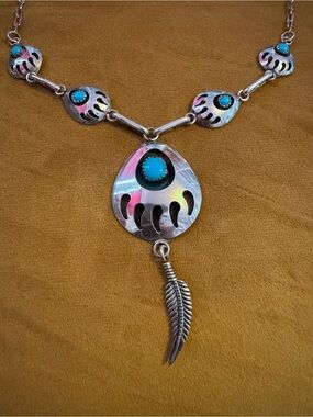 Vintage Navajo Sterling Silver Turquoise Feather Pendant Necklace